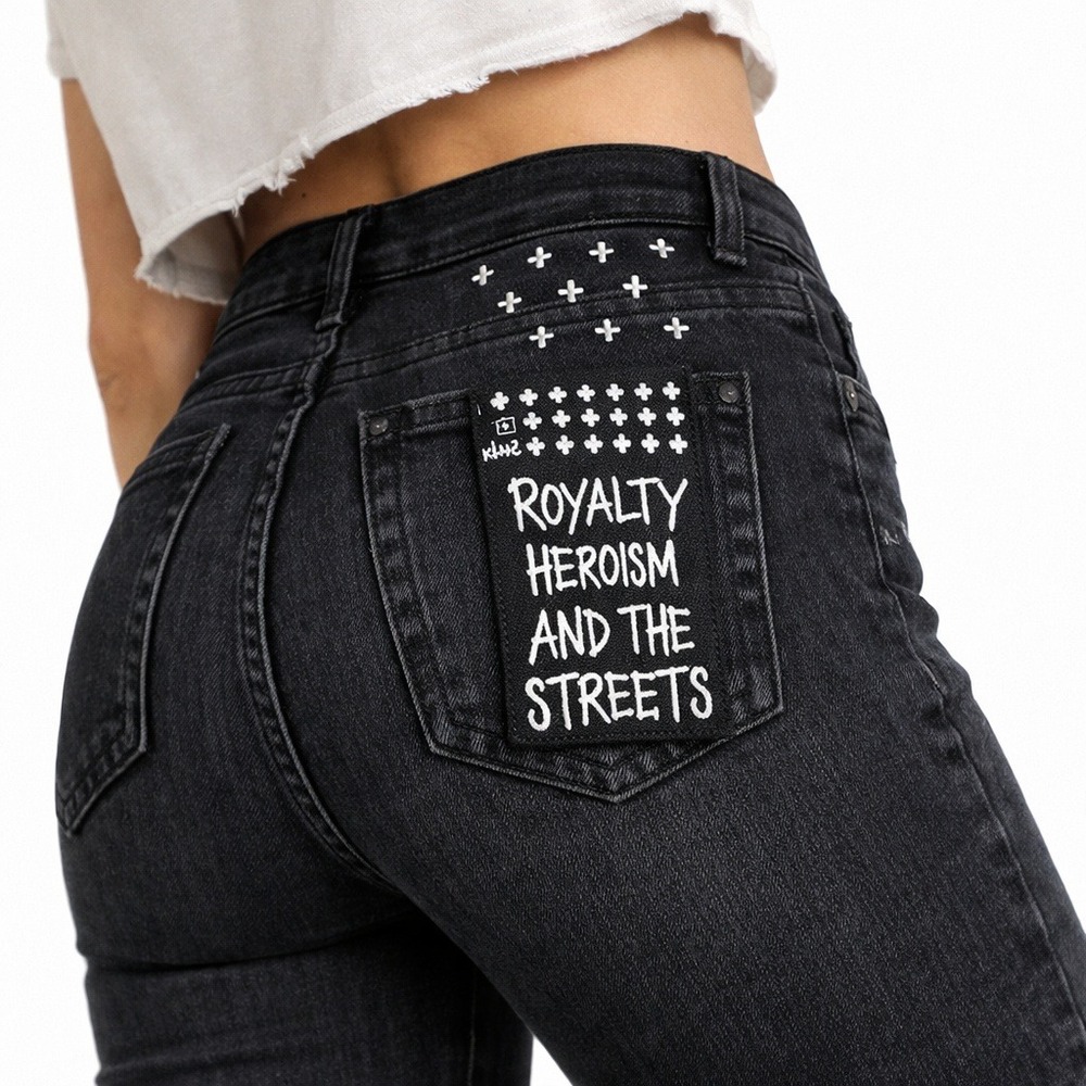 Ksubi Black Skinny Jeans Graffiti Pocket Cross Detail‎ Sz 34 Waist (Fits 27)